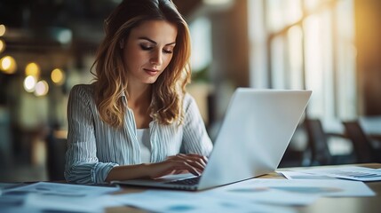 Fototapeta premium Young businesswoman using laptop while analyzing paperwork while working at coworking office : Generative AI