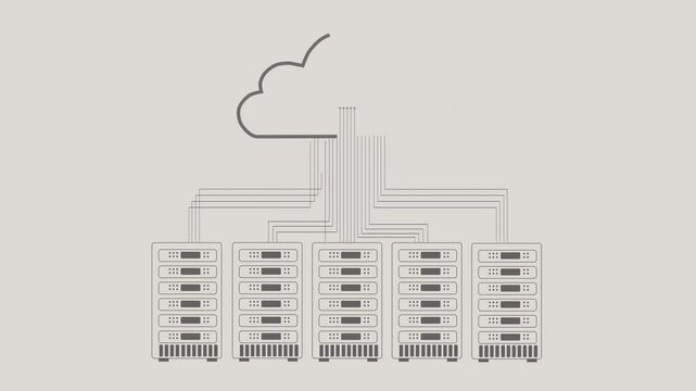 Server room, cloud computing and storage for data for safety, information sharing and innovation. Illustration, connectivity and towers on white background for communication, AI development and tech