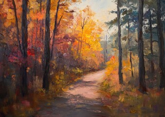 Naklejka premium Oil painting depicting a vibrant forest path in autumn showcasing stunning color variations and natural scenery