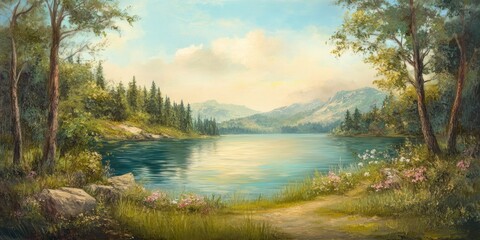 Obraz premium Oil painting depicting a serene lake surrounded by lush landscapes