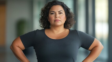 Serious overweight hispanic woman with her hands on the hips looking determined while making eye contact : Generative AI