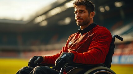 handsome determined disabled rugby player in a wheelchair on a stadium : Generative AI