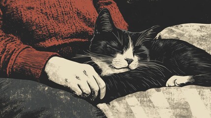 Charming black and white cat resting on a sofa with a cozy atmosphere featuring a person in a sweater gently comforting an anxious feline companion on a bed