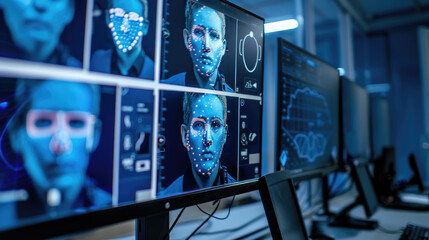 Human faces on screens of biometric identification system in surveillance room, facial recognition with AI technology. Concept of verification, id, person, security