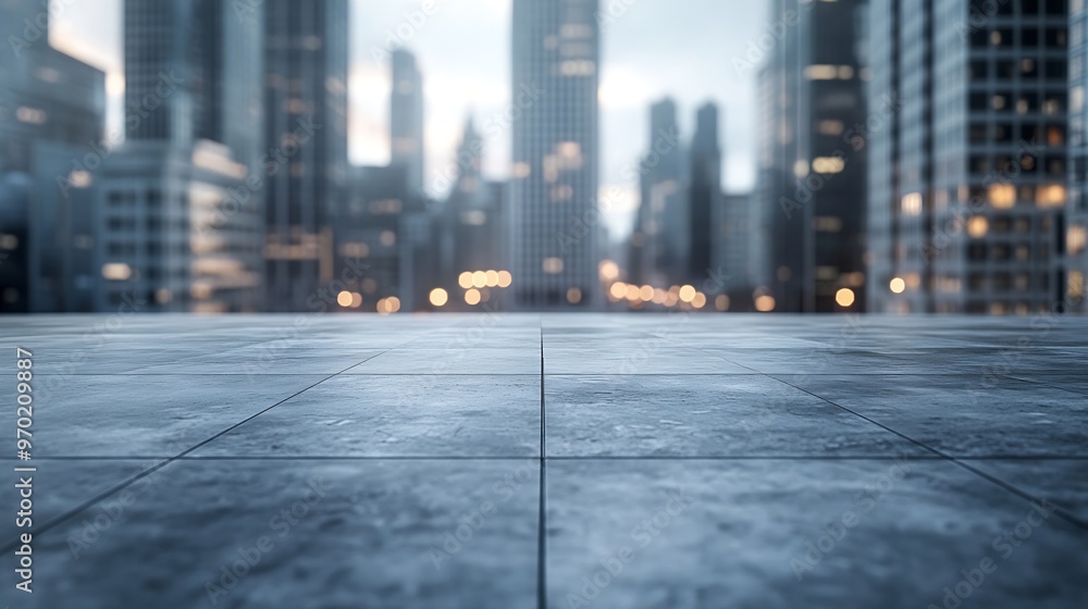 Poster empty concrete floor in front of modern buildings in the downtown street : generative ai