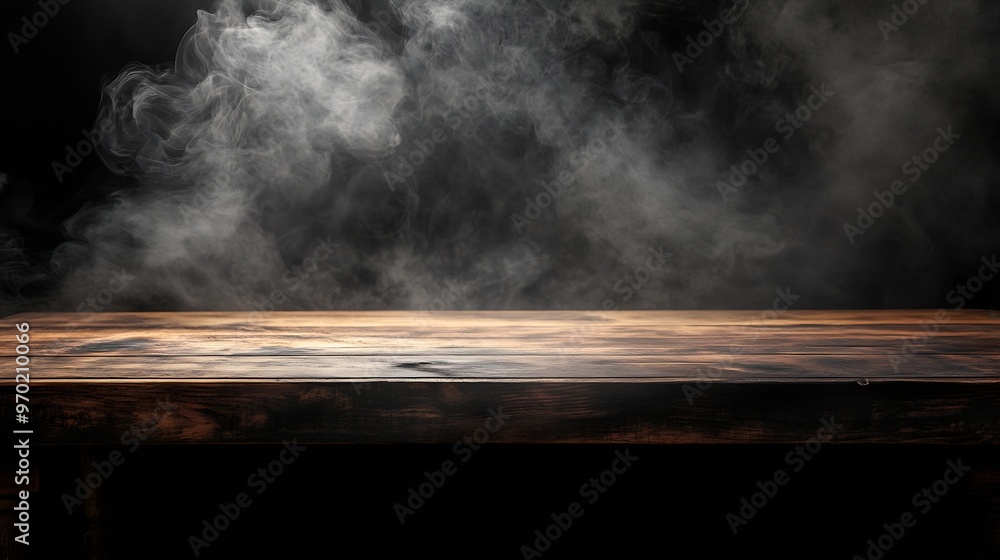 Fototapete empty wooden table with smoke float up on dark background Empty Space for display your products : Generative AI