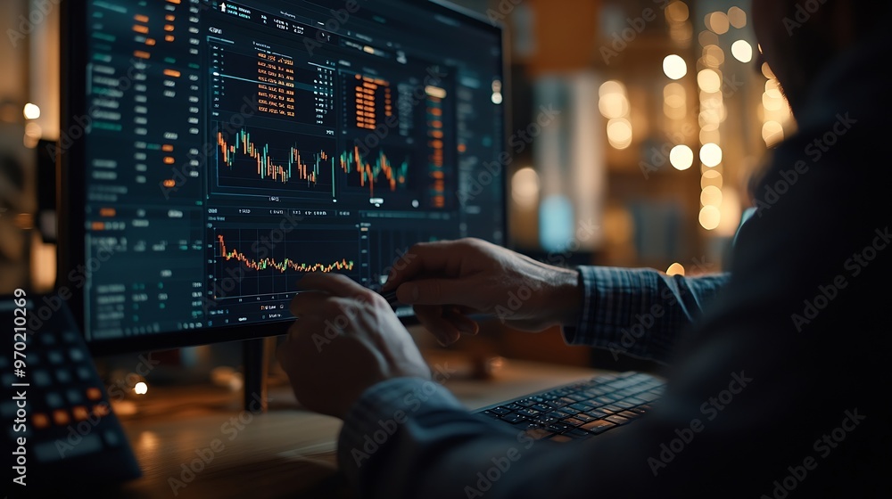 Poster Hand of trader checking stock market data on screen : Generative AI