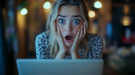 Young caucasian woman working using computer laptop afraid and shocked surprise and amazed expression with hands on face : Generative AI