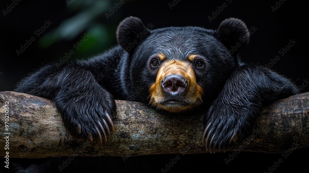 Poster a close-up of a bear resting on a log in a natural setting.