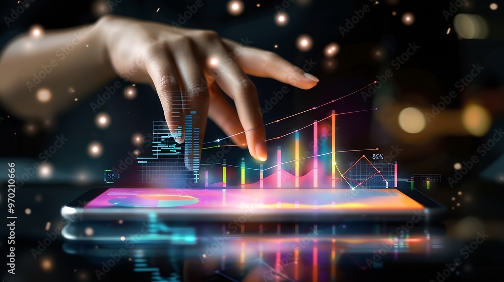 Poster dashboard indicator chart data statistic investment graph management analyze diagram touching at dashboard data management to manage data bar and graph show above that smart phone : Generative AI