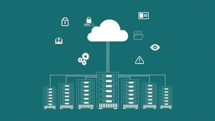 Server room, cloud computing and storage for data for connectivity, information and icons for interaction. Illustration, innovation and towers on wallpaper for cybersecurity, AI development and tech