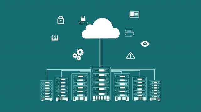 Server room, cloud computing and storage for data for connectivity, information and icons for interaction. Illustration, innovation and towers on wallpaper for cybersecurity, AI development and tech