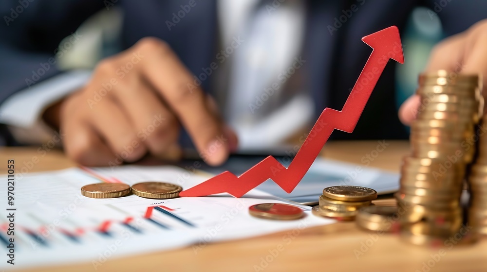 Poster quality control businessman showing cost with down arrow and quality with up arrow for business proj