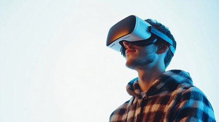 Young man using VR glasses on white background : Generative AI
