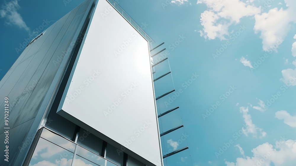 Poster Mock up white vertical large LED display billboard on tower building with blue sky background clipping path for mockup : Generative AI