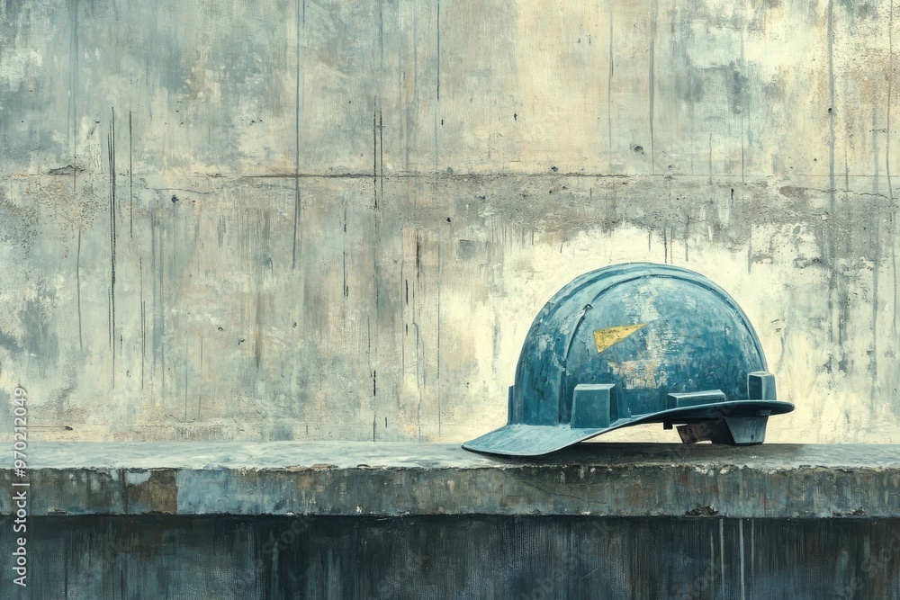 Canvas Prints Blue Hard Hat Resting on a Rough Concrete Surface