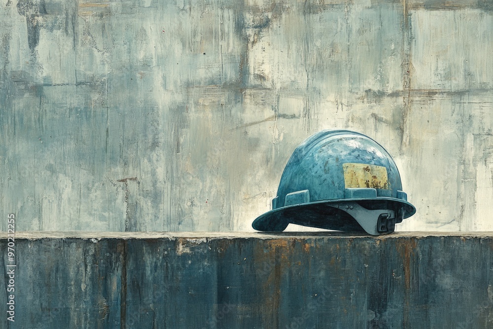 Wall mural Blue Hard Hat on a Rough Concrete Edge