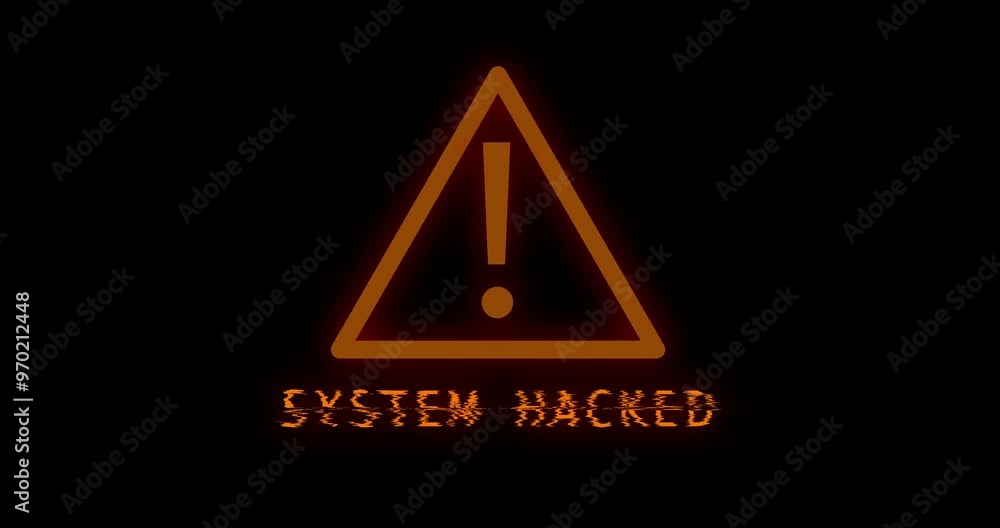Poster Warning, hacking and hologram sign for system with cyber security threat by black background. Attention, programming and phishing for information technology abstract, icon or symbol for ransomware