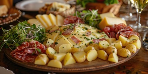 Raclette cheese melted over a platter of potatoes salami and salad