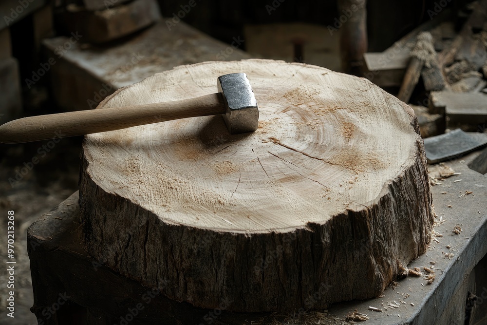 Poster A Wooden Tree Stump with a Hammer Resting on Top