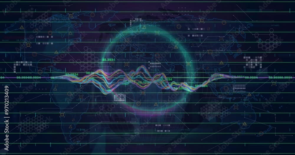 Aufkleber animation of financial data processing over globe