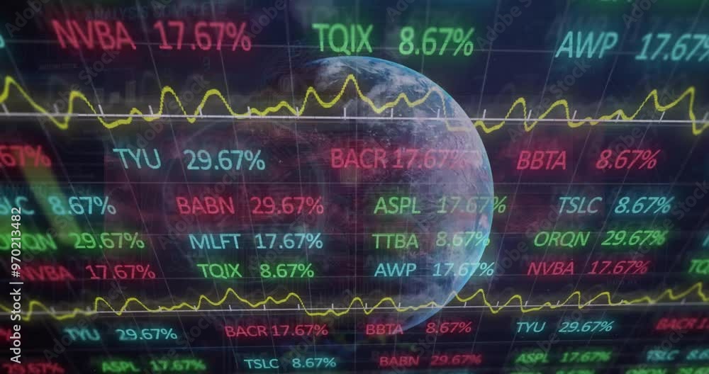 Poster animation of financial data processing over globe