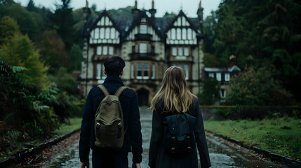 Obraz premium Two People Walking Down Path Castle