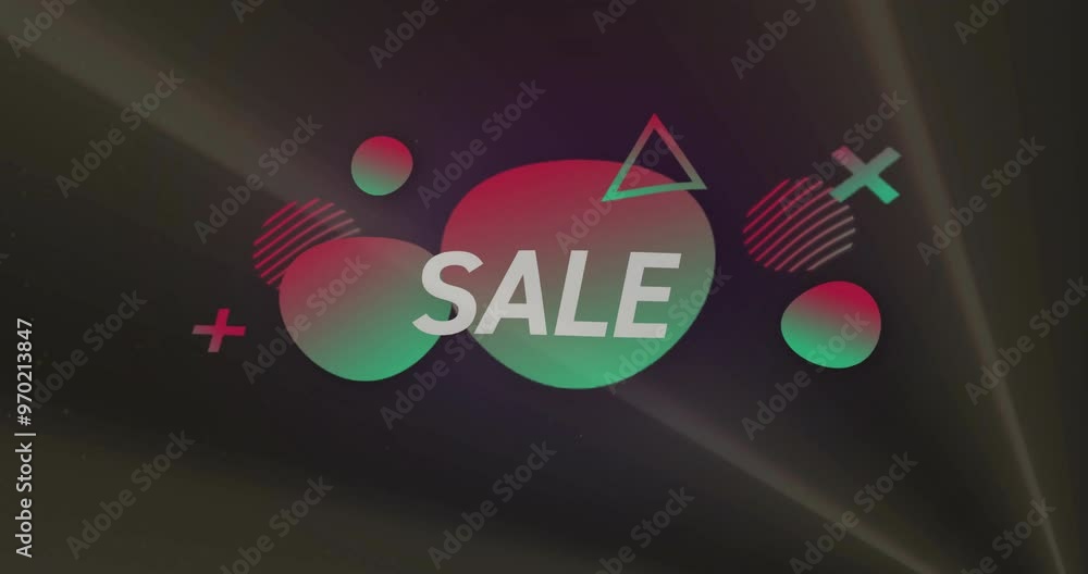 Aufkleber animation of sale text over shapes and pattern background