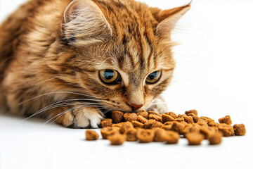Fototapeta na wymiar Ginger cat near heap of dry pet food isolated on white background.