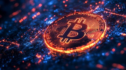 Glowing Bitcoin Cryptocurrency Coin on a Digital Background