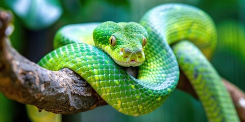 Close up photo of a green snake coiled around a tree branch