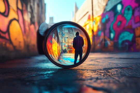 A low-angle view of a man peering through a colorful glass lens