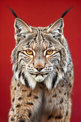 Obraz premium Majestic Lynx Posing Against a Bold Red Background.