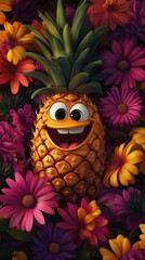 Fototapeta premium Smiling cartoon pineapple surrounded by colorful flowers