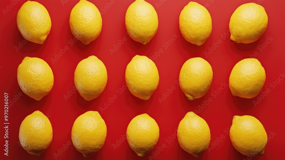 Poster assorted lemons arranged in a symmetrical grid over a vibrant red backdrop aerial perspective 3d ren
