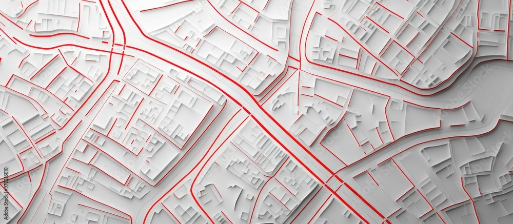 Poster map of streets designed with red lines on white paper top view rendering and illustration