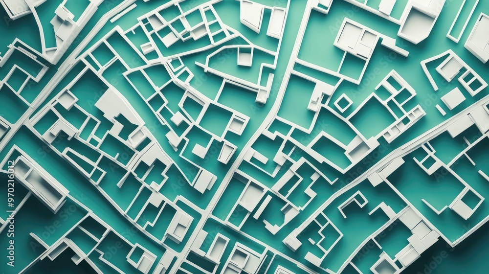 Poster map of a street layout created with white lines against a greenish blue gradient background top down