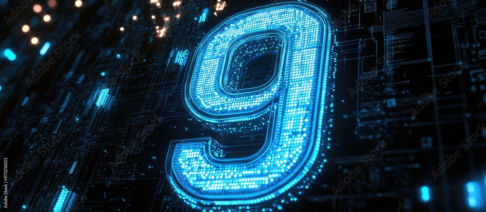 Poster blue digital number nine on a black background illuminated with glowing led flares featuring an elec