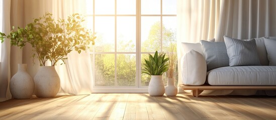 Concept of a bright Scandinavian living room featuring a sofa vases on a wooden floor wall decor and a scenic window view with curtains Nordic home interior design 3D illustration