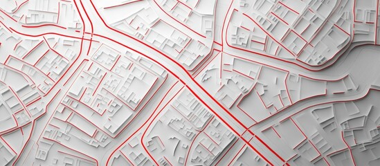 Fototapeta premium Map of streets designed with red lines on white paper Top view rendering and illustration