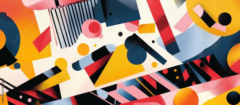 Poster entertainment illustration featuring geometric backgrounds with an array of random shapes