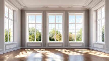 Bright spacious room featuring a white ceiling and cornice glossy herringbone parquet flooring three large windows and a white plinth Beautiful sunny interior 3D illustration 8K Ultra HD