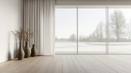 Fototapeta premium Concept of a minimalistic Scandinavian room featuring vases on a wooden floor large wall and a white landscape visible through curtained windows Nordic home interior 3D rendering