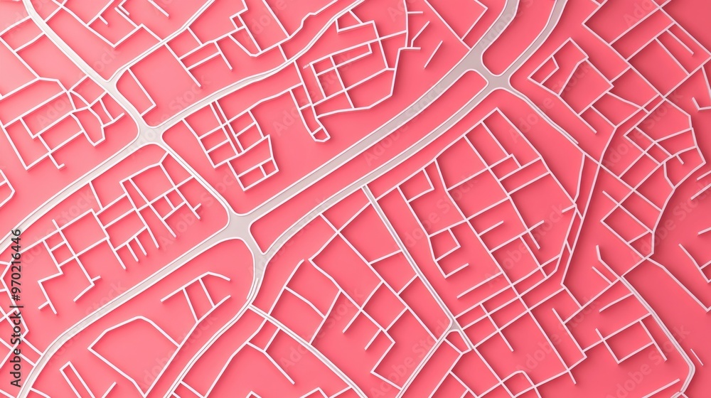 Poster map illustrating streets with white lines on a pinkish red gradient background top flat view in 3d r