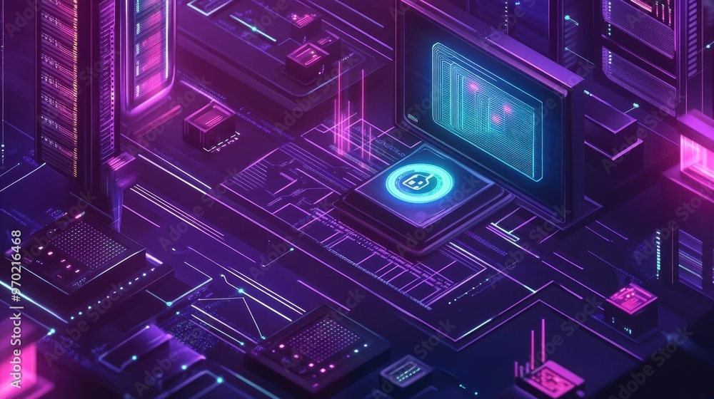 Poster 3d isometric infographic illustration of computer security in the context of artificial intelligence
