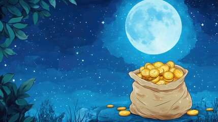Fototapeta premium A full sack of gold coins illustrated with hand drawn outlines against a backdrop of a bright full moon in a blue sky