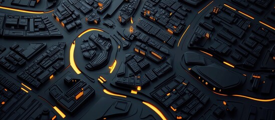 Black paper street map with top light illumination showcasing a detailed flat layout design