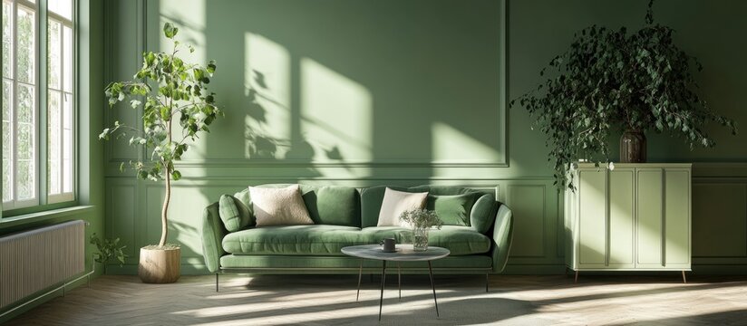 Cozy Scandinavian interior living room featuring a new green sofa a mockup green wall a cabinet and parquet wood flooring rendered in 3D