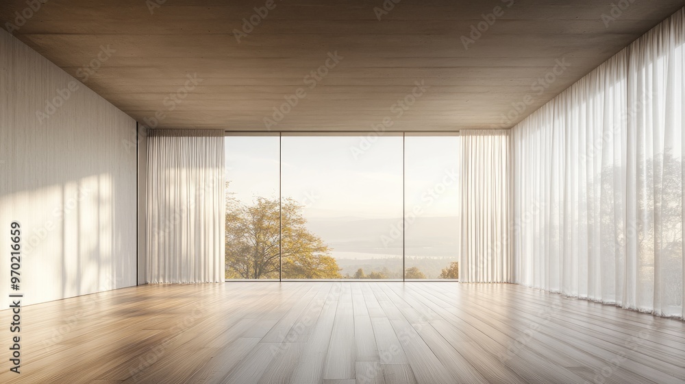 Poster concept of a minimalist scandinavian room featuring wooden flooring large walls and a view of a sere
