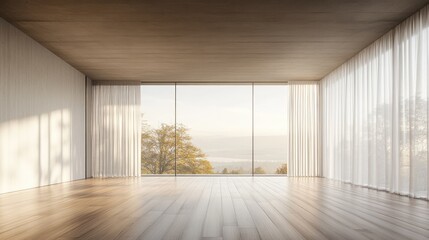 Fototapeta premium Concept of a minimalist Scandinavian room featuring wooden flooring large walls and a view of a serene landscape through curtained windows Interior design scene 3D rendering